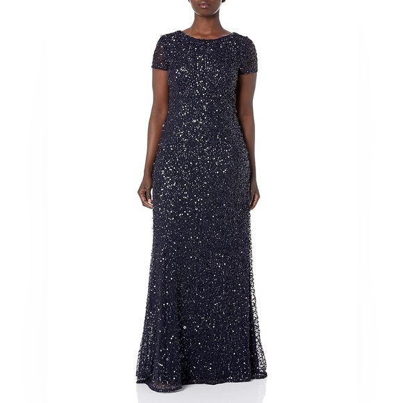 Adrianna Papell Navy Sequin Short Sleeve Evening Gown Size 14 - Picture 1 of 13